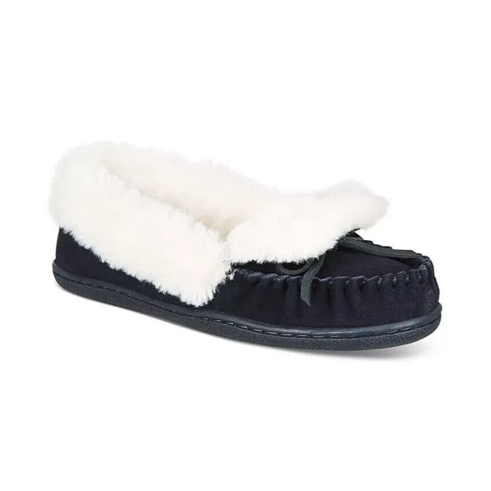 Charter Club Slippers Women's 5M Navy Blue Suede Moccasin Faux Fur Lined Indoor